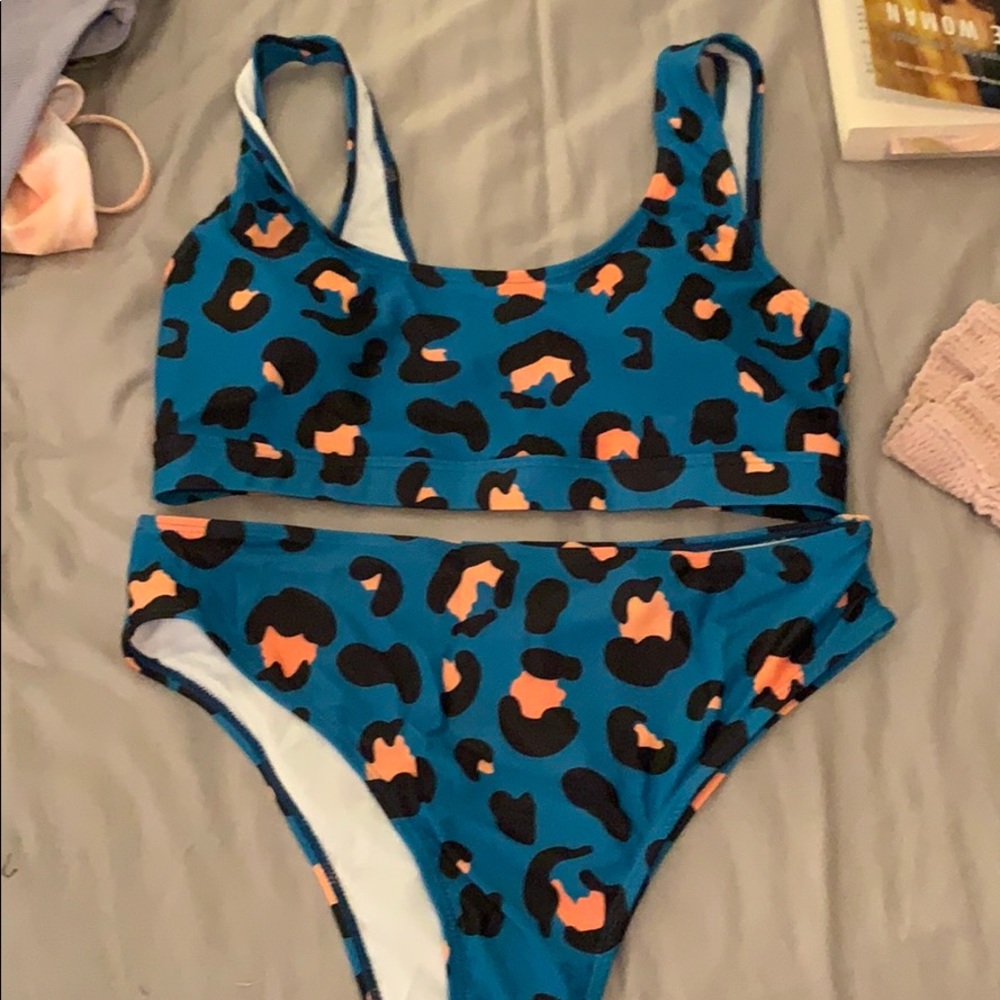 Blue and orange leopard bikini